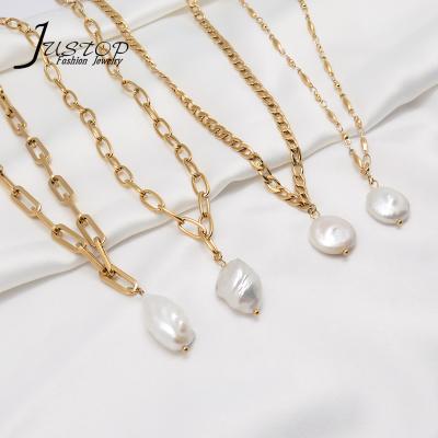 China Different Environmental Friendly Punk Link Chain Stainless Steel Choker Sweater Necklaces With Baroque Pearl for sale