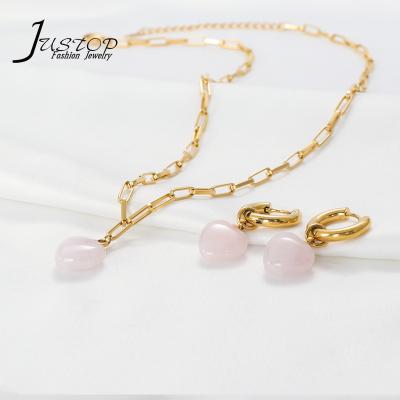 China Environmental Friendly Stainless Steel Link Chain Jewelry Rose Quartz Heart Natural Stone Women Jewelry Set for sale