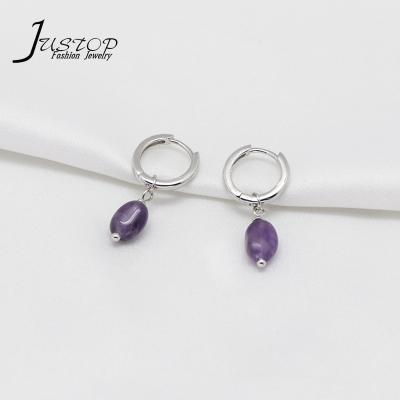 China Eco Friendly Woman Natural Stone Circle Pendant Jewelry Rhodium Plated 925 Sterling Silver Amethyst Earrings for sale