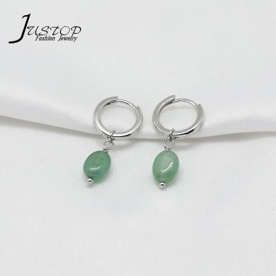 China Unleaded ; Nickel Free Natural Stone 925 Sterling Silver Hoop Green Aventurine Small Jade Earrings for sale