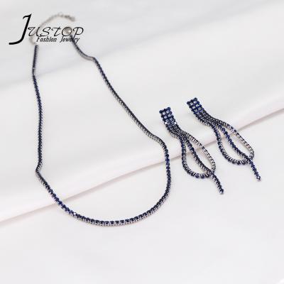 China Long Crystal Dangling Drop Earrings Necklaces Rhinestone Blue Zircon Environmental Friendly Luxury Jewelry Set for sale