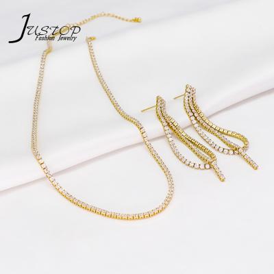 China Women Accessories Environmentally Friendly Gold Plated Chain Cubic Zirconia Necklace Earrings Tennis Jewelry Set Real for sale