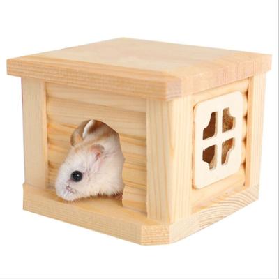 China Easily Assembled 1 PC Cabin Hamster House Cute Natural Wooden Flat Roof Pet Playing Toy Cage Ornament Log Yellow Single Storey Cottage With Windows for sale