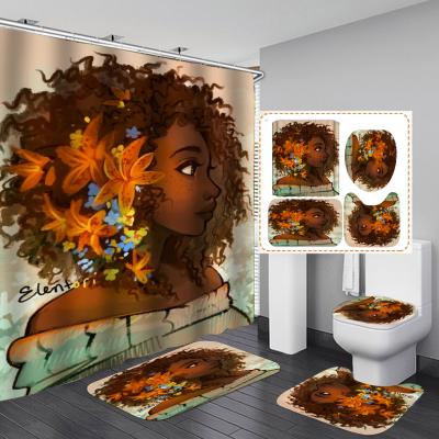 China Viable Popular 3D Fabric Printing Deco Color Women Art African American Style Bathroom Waterproof Sets, Shower Curtain Set 4 Pieces for sale