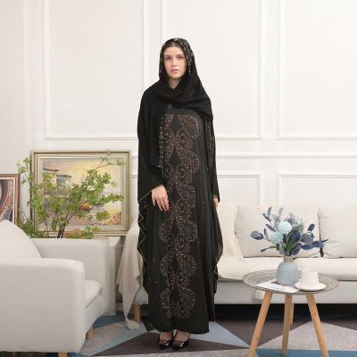 China WUAI 2021 Black New Middle East Dubai Ironed Diamond Border Long Dress Headscarf Muslim Women's Style Chiffon Bat Sleeve All Code for sale