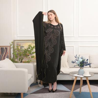 China 2021 WUAI Diamond Pattern Muslim Women's Long Dress New Middle East Dubai Black Bat Sleeve Headscarf Border Chiffon All Code for sale