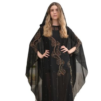 China 2021 Nylon Muslim Black Hooded Robe Diamond Border Loose Muslim Middle East Abaya Bat Cuff For Women for sale