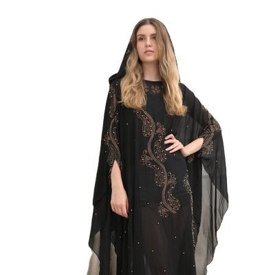 China Black Nylon Hooded Batwing Sleeve Chiffon Diamond Loose Abaya Muslim Middle Eastern Dress for sale