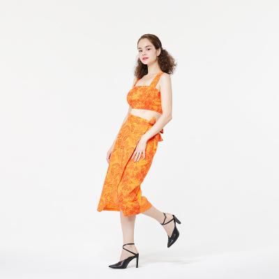 China Orange Embroidered Pleated Skirt Backless Summer Maxi Skirts Beach Boho Vintage Cavity Anti-pilling Women Cotton Canvas Skirts for sale