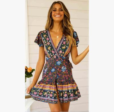 China Bohemian Floral Print Short Beach Mini Dress S-XL V-Neck Ruffle Edge Sleeve Wrap Summer Anti-Static Women's Dresses for sale