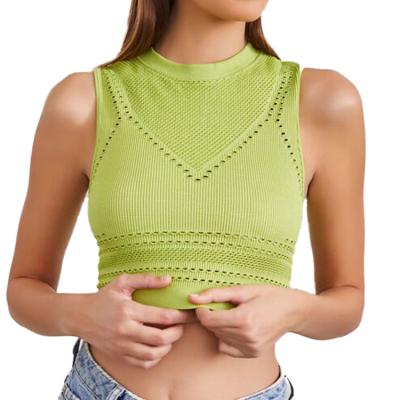 China Seamless Ribbed Breathable QUICK DRY Knit Women Round Neck Tops Women Beach Tops Hollow Out CropTop for sale