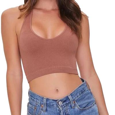 China Custom Logo Women's Anti-Shrink QUICK DRY Crop Top Ribbed Tops Seamless Backless Halter Bralette for sale