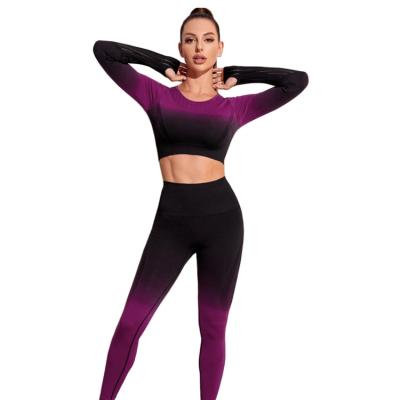 China Breathable Progressive Color Changing Gym Fitness Yoga Sports Wear Seamless Hollow Out Long Sleeve Gaiters 2 Piece Set for sale