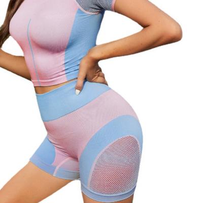 China Breathable Breathable Hollow Out Short Sleeve Crop Top Gym Shorts 2 Piece Set Seamless Running Fitness Yoga Set for sale