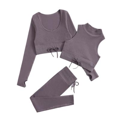 China Breathable Seamless Yoga Long Sleeve Tank Top Long Waist Leggings Ribbed Gym Fitness Three Piece Set With Drawstring for sale