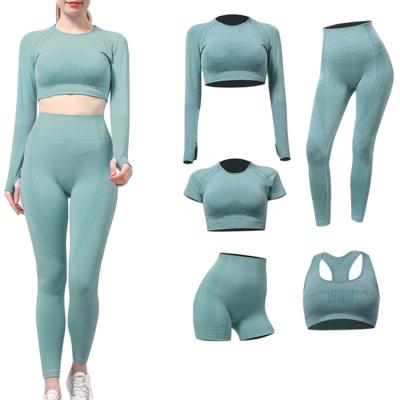 China Sustainable Custom Seamless Long Sleeve Legging Sports Bra Short Sleeve Shorts 5 Piece Yoga Set Fitness Gym for sale