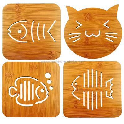 China Hot 4Pcs Home and Kitchen Use Bamboo Tripod Pot Holder Coaster Protector Cat and Fish Design (Pack of 4) for sale