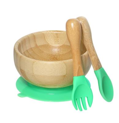 China Baby Disposable Bamboo Bowls With Suction And Spoon Set Bamboo Silicone Kids Cutlery for sale