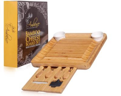 China Disposable Square Bamboo Tray Dish Deli Cheese Factory Cheese Serving Board Set With Tools for sale