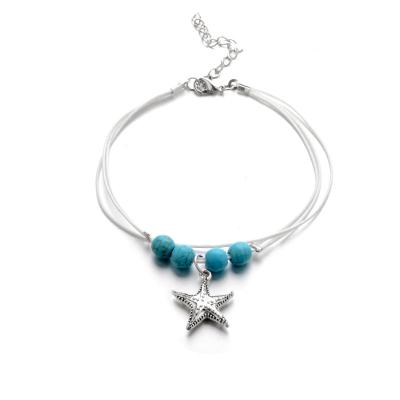 China Retro Hand Anklets Starfish Pine Chain Weaving Anklets For Women Ocean Wind Beach Charm Adjustable Anklet Chain for sale