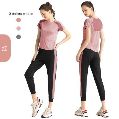 China Breathable Women 2 Pieces Quick Dry Short Sleeve T-Shirt And Loose Long Pants Workout Tracksuit Fitness Routine Wear Sets for sale