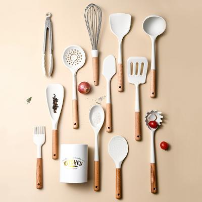 China Viable Wooden Handle Silicone White Kitchenware Set 12 Pieces Ins Nordic Wind Pot Simple Non-scratch Kitchen Tool Kit for sale