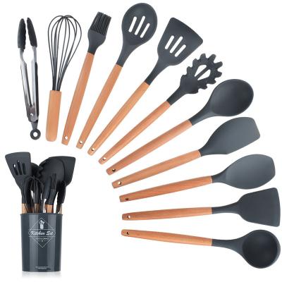 China Sustainable Luxury Kitchen Cooking Tool Seven-color Handle Silicone Wooden Tableware 11 Pieces Set For Restaurant Hotel Family Cooking Set for sale