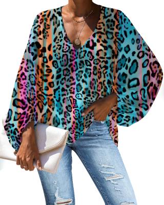 China Colorful Ladies Chiffon Blouses Anti-pilling Leopard Prints Customize LOGO Oversize Loose Blouses Women Chiffon T-shirt for sale