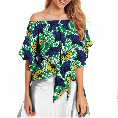 China 2021 New Anti-pilling African Printed Off Shoulder Tie Knot Front 3/4 Sleeve Flare Blouses Shirts Women Floral Tops for sale