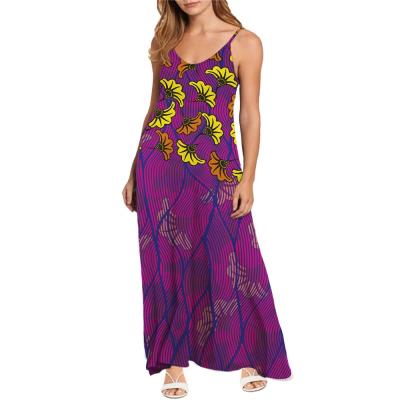 China 2021 New Breathable African Kente Purple Florla Summer Maxi Print Spaghetti Strap Beach Sundress Bohemian Cover Up Even Long Dress for sale