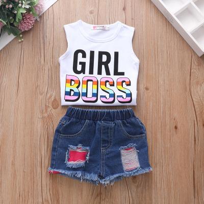 China 2021 girls dress set casual fashionable denim ripped shorts suit jeans dress sets for girls for sale