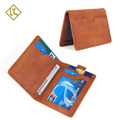 China Custom branded logo anti-theft men bifold wallet full grain crazy horse leather RFID brown leather wallet with pull tag card slot for sale