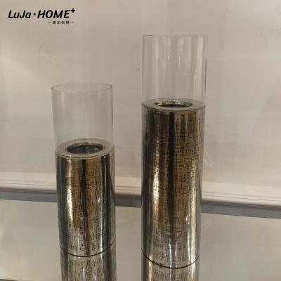 China Home Decor Custom Open Glass Candle Holder Tube Fireplace Etched Pattern Hurricane Tall Glass Candle Holder for sale