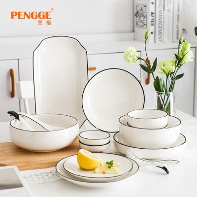 China Sustainable European minimalist black line series underglaze colored ceramic plates, home and hotel dinner tableware set for sale