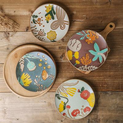 China Sustainable Creative pastoral style hand-painted terracotta home underglaze color vintage flowers stoneware kiln into a plate for sale