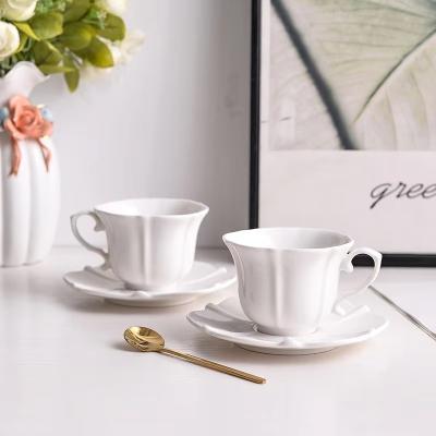 China Sustainable European Pure White Ceramic Coffee Mug And Saucer Set Light Luxury Exquisite Afternoon Tea Cup Set for sale