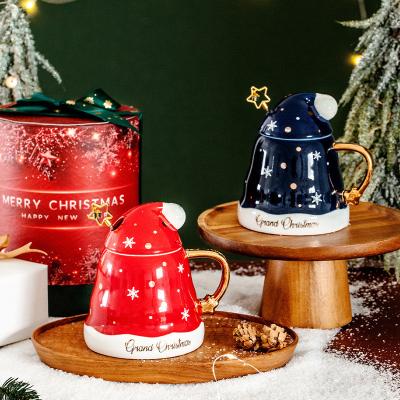 China Sustainable Christmas hat with lid, ceramic mug, coffee cup, large capacity milk cup, holiday gift set for sale