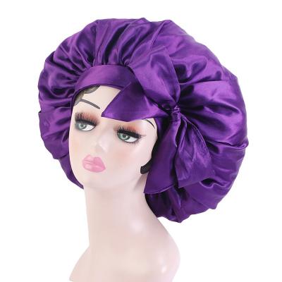 China Hot Character Amazon Women Night Sleep Cap Hair Styling Hat Solid Satin Hood With Long Stretch Wide Ties Hair Care Sleep Cap for sale