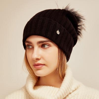 China Factory Wholesale COMMON Soft Luxury Women 100% Real Cashmere Ribbed Knitted Hat Girls Beanie Pom Pom for sale