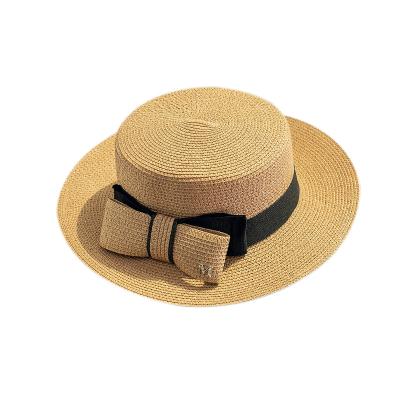 China Wholesale Travel Ladies Beach Bow Sunshade Flat Surface Panama Sunshade Paper Outdoor Hat Striped Straw Hat for sale