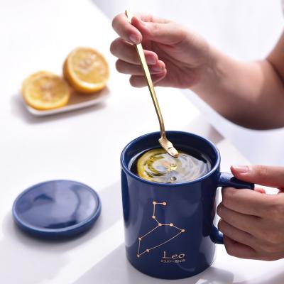 China Sustainable Promotion Gold Plated Straight Shape Constellation Customized Ceramic Mug With Gold Handle With Lid for sale