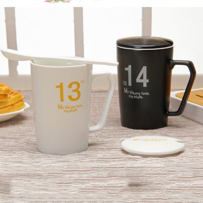 China Small 1314 Viable Fresh Ceramic Number Tea Cup Couple Milk Cups With Porcelain RLids And Spoon for sale