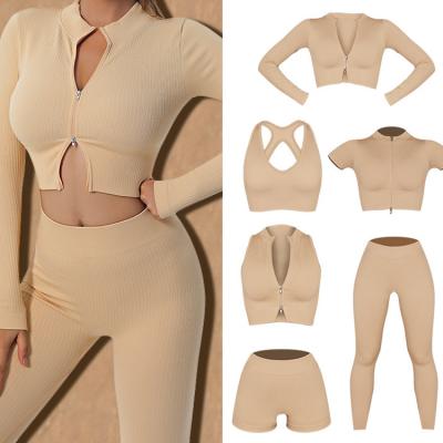 China Breathable Women Yoga Sportswear Fitness Workout Seamless Gym Clothing 6 Pieces Activewear Color Zipper Set Natural Joggers Suit Ribbed for sale