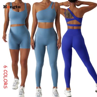 China Wholesale Breathable 2 Piece Yoga Gym Set One Shoulder Sports Bra Women Tops Short Leggings Women Fitness Set Crac! crack! end in two pieces for sale