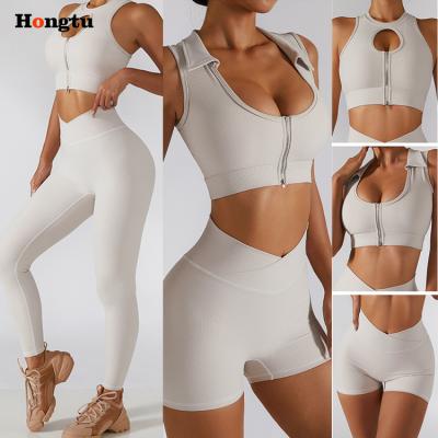 China Breathable High Quality Active Wear Fitness Yoga Set Gym Bra Women 4 Piece Sports Gaiters Shorts Yoga Sets for sale