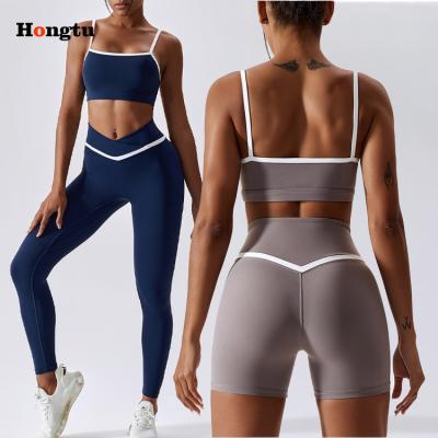 China Breathable custom label contrast color butt lift yoga leggings sports bra crack! crack! set high waist sports workout pants set for sale