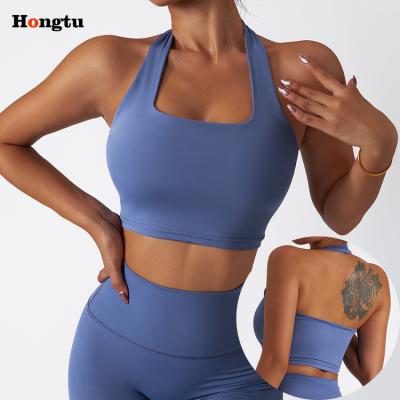 China Custom Logo Breathable Quick Dry Yoga Tops Yoga Lift Up Halter Neck Sports High Print Bra for sale