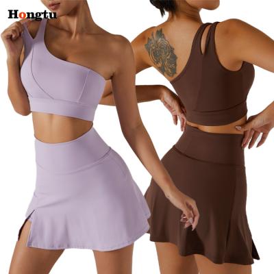 China 2023 Trend Custom High Quality Running Bra Spandex Quick Dry Yoga Set Golf 2 One Shoulder Sports In 1 Women Tennis Skirt Set for sale