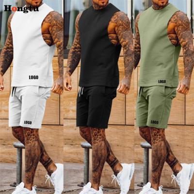 China Custom LOGO Summer Sports Suit Mens Breathable Short Pants Shirt Set Solid Color Sleeveless Top Shirt Shorts Two Piece Set for sale