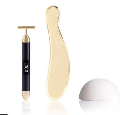 China Big Comfy Amazon Brand Set 24K Gold Beauty Massage Stick And Gua Sha 3 In One Set Customized Pantone DRINK Body Massage Face for sale